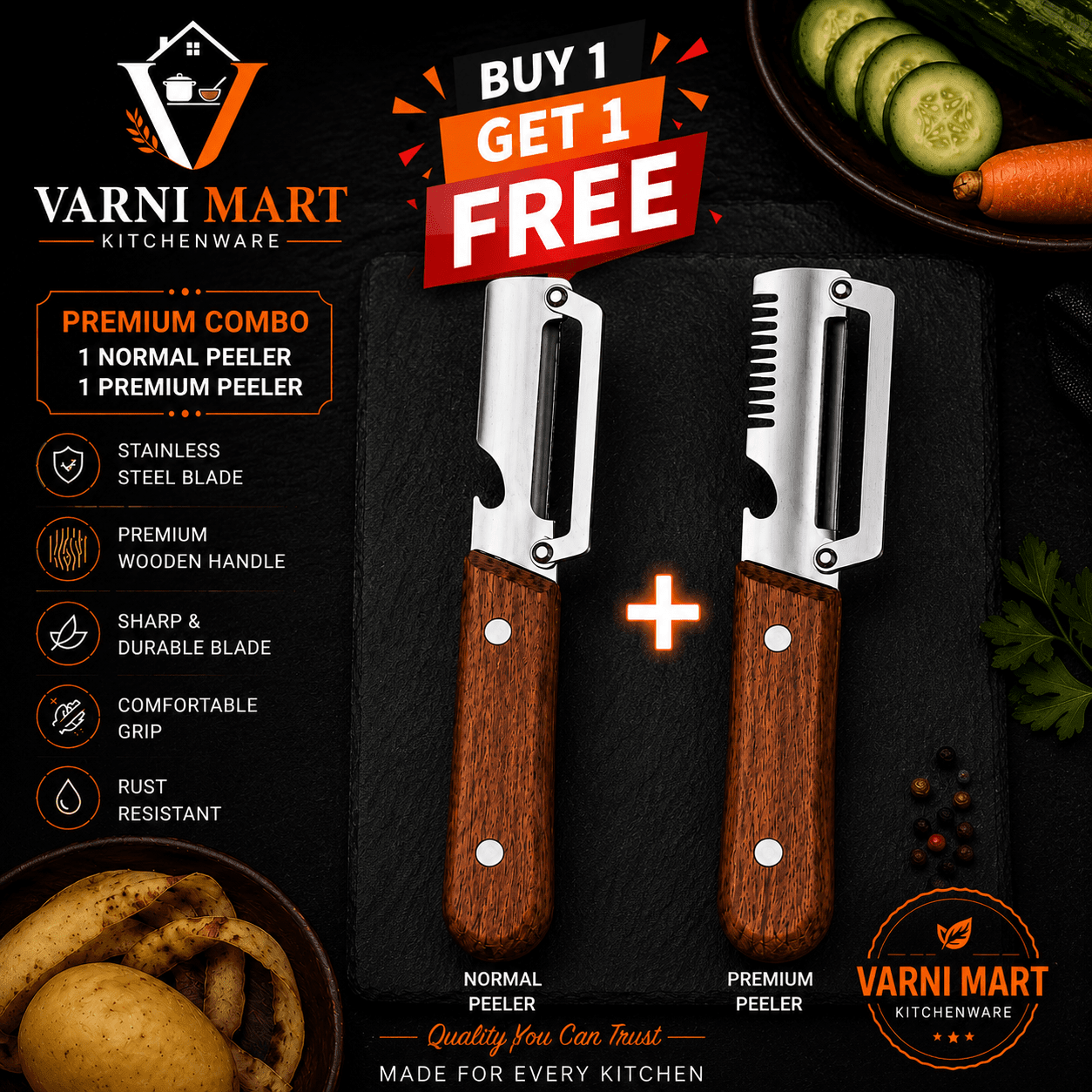 🔥 BUY 1 GET 1 FREE – Classic + Fancy Wooden Handle Vegetable Peeler Combo