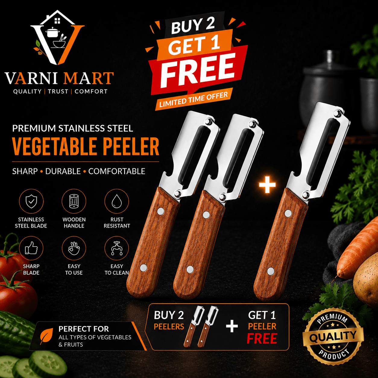 🔥 BUY 2 GET 1 FREE – 3-Piece Wooden Handle Vegetable Peeler Combo | Stainless Steel